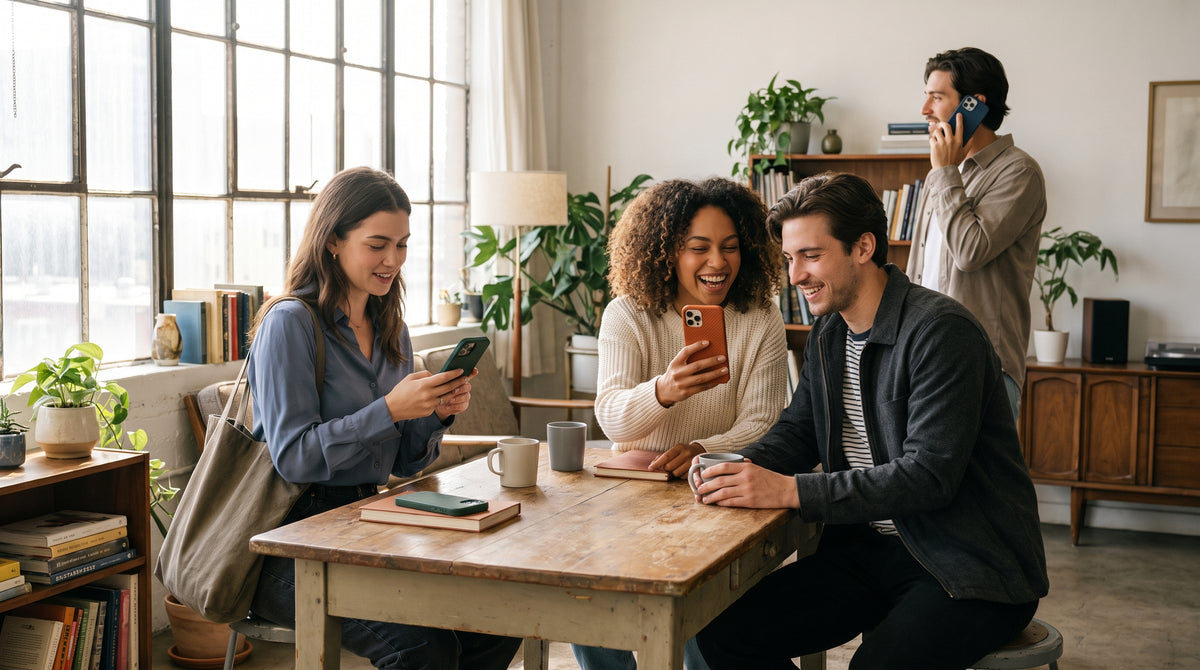 Three young adults are gathered around a wooden table in a bright, modern loft apartment, looking at a phone together. A fourth person stands in the background near a bookshelf, talking on a phone.